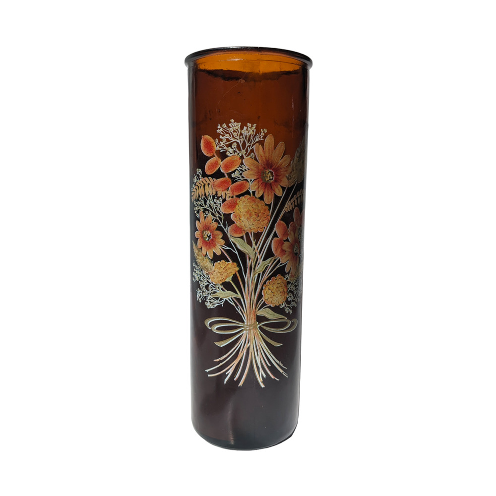 Vintage 70's Boho Amber Glass Jar Candle, Tall Prayer Style Candle Floral Design
